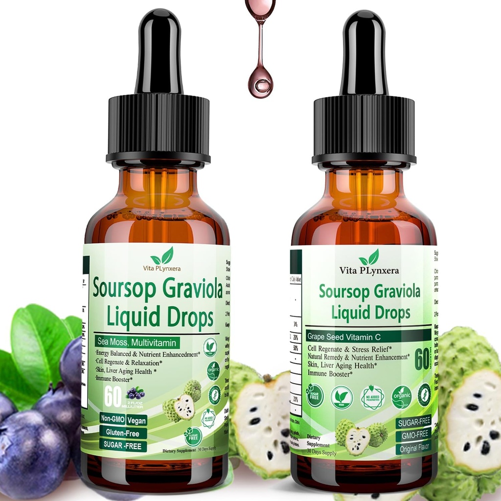 2 Pack Amers de Sourop Liquid Bio Extrait de Sourop Multivitamine gouttes w. Moss de mer, Graines de raisin, Elderberry, Huile de Sourop non raffinée pour la peau, Immune Boost, Aide à la digestion