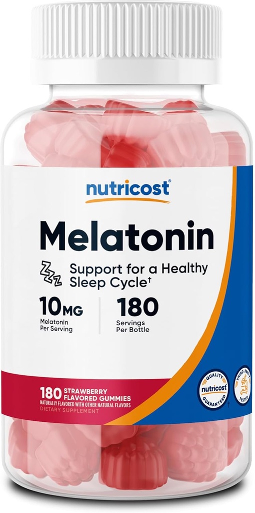 Nutricost Melatonine 10mg, 180 Gommies, Aromatisés aux fraises - Sans gluten, sans OGM, sans sirop de maïs