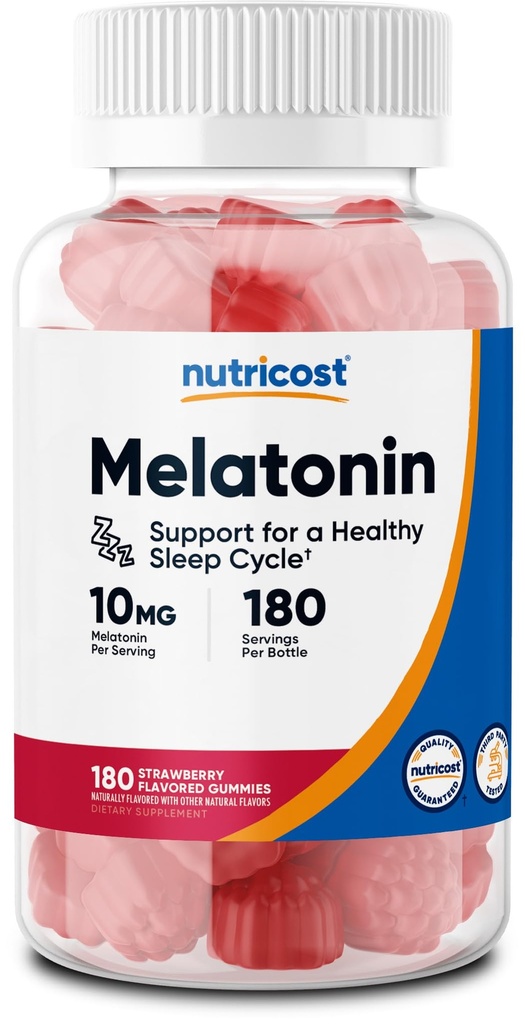Nutricost Melatonine 10mg, 180 Gommies, Aromatisés aux fraises - Sans gluten, sans OGM, sans sirop de maïs