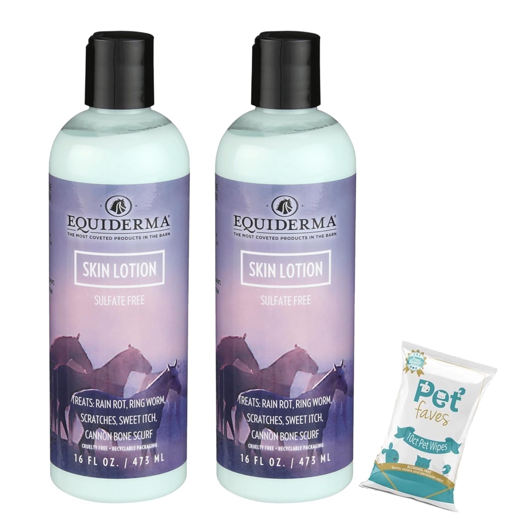 EQUIDERMA (2 packs) Lotion de peau de cheval avec épingles pour animaux de compagnie 10-Count – Soulagement doux pour les os de canon, la crinière et l'irritation de la queue, la peau sèche et les échasses