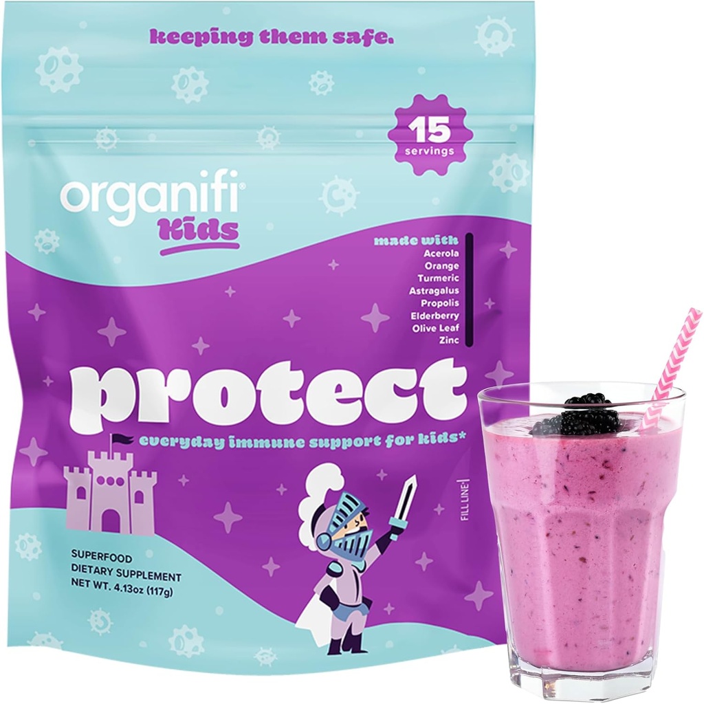Organifi Kids: Protégez - Un soutien immunitaire quotidien pour les enfants atteints de myrtille, d'acérola cerise et de zinc - Poudre d'immunité aromatisée aux baies - à base végétale, végétalienne et sans gluten, lait ou soja - 15 portions