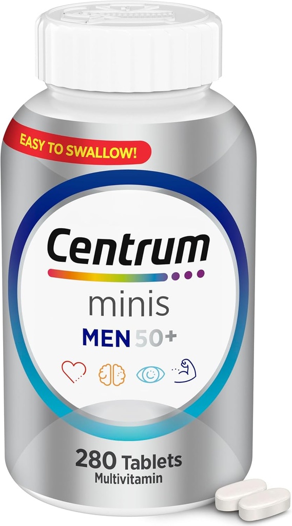 Centrum Minis argent multivitamine pour les hommes 50 Plus, Multivitamine / supplément multiminéral, vitamine D3, B-vitamines et zinc, ingrédients non OGM, soutient la mémoire et la cognition chez les adultes âgés - 280 Ct
