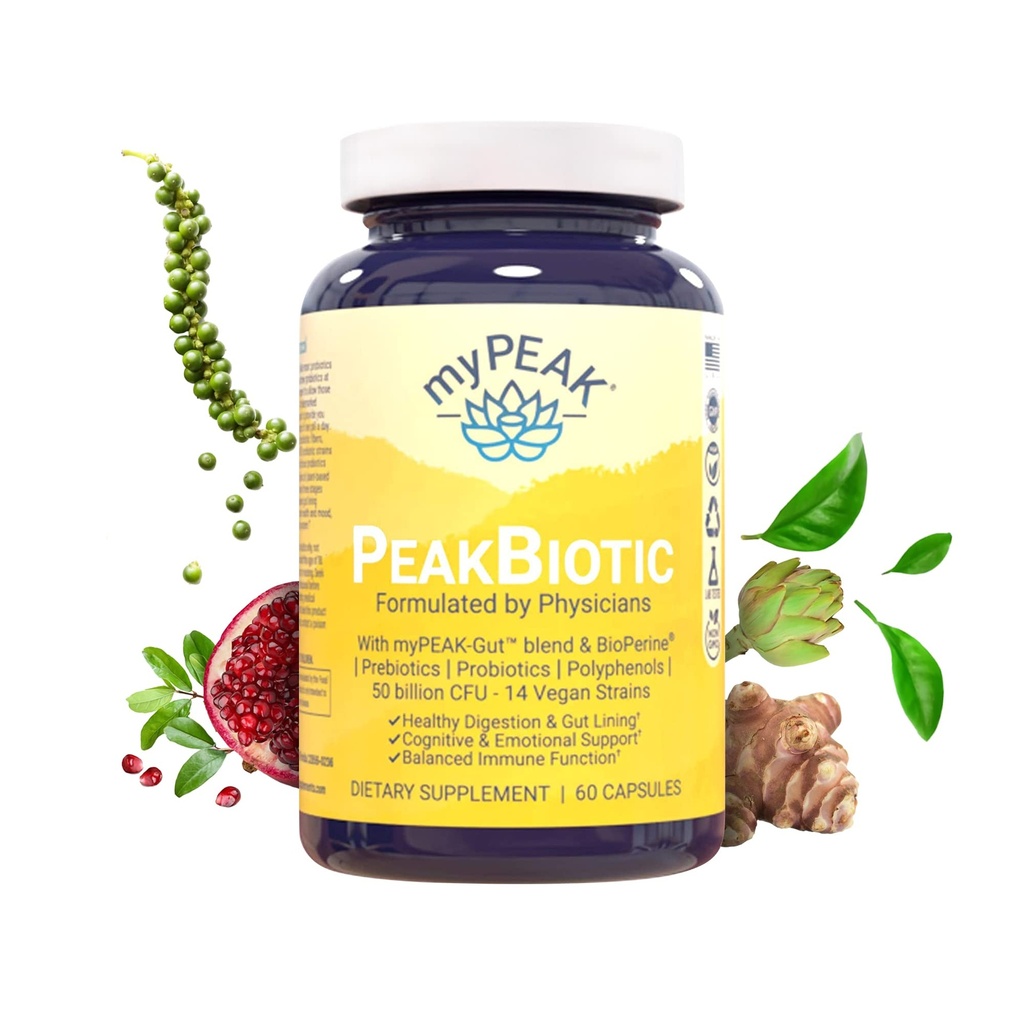 MyPEAK PeakBiotique: Le Synbiotique Végétalien Ultime avec 50 Million CFU Probiotiques Prébiotiques Postbiotiques Modbiotiques et Doublure Gut pour améliorer la digestion, la peau et l'humeur avec 2-Mois Supply, 60 Capsules