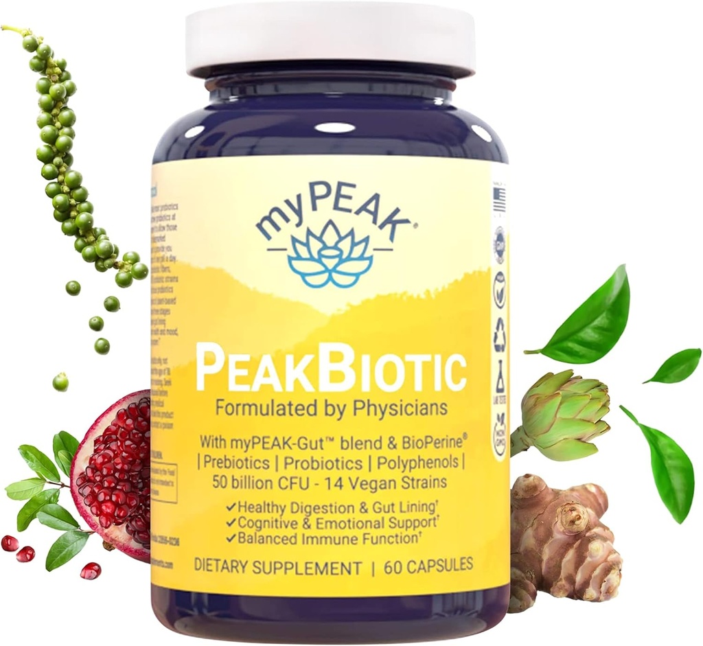 MyPEAK PeakBiotique: Le Synbiotique Végétalien Ultime avec 50 Million CFU Probiotiques Prébiotiques Postbiotiques Modbiotiques et Doublure Gut pour améliorer la digestion, la peau et l'humeur avec 2-Mois Supply, 60 Capsules