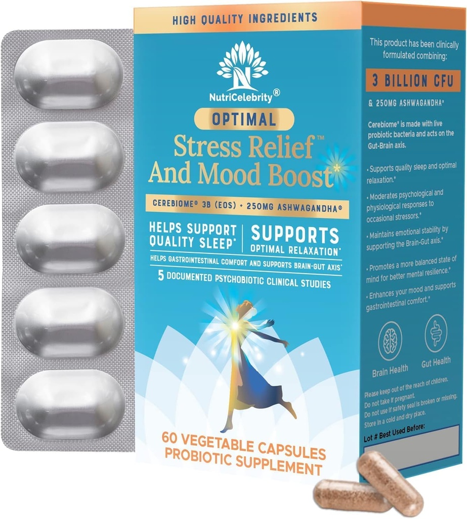 Nutricélébrité Supplément optimal de stress, support d'humeur, aide au sommeil, Ashwagandha Organic, KSM-66, Cerveau Focus, Probiotiques pour les femmes, Gut Health, Vegan Non OGM 60 jours d'approvisionnement - 2 Pack