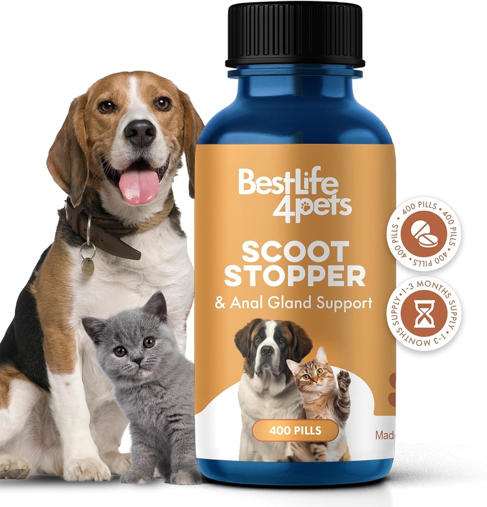 Scoot Stopper for Dogs & Cats – Natural Anal Gland & Digestive Support Supplement for Scooting, Stool Consistency, Constipation, Indoor Accidents & Difficult Pooping – 400 Odorless Pills