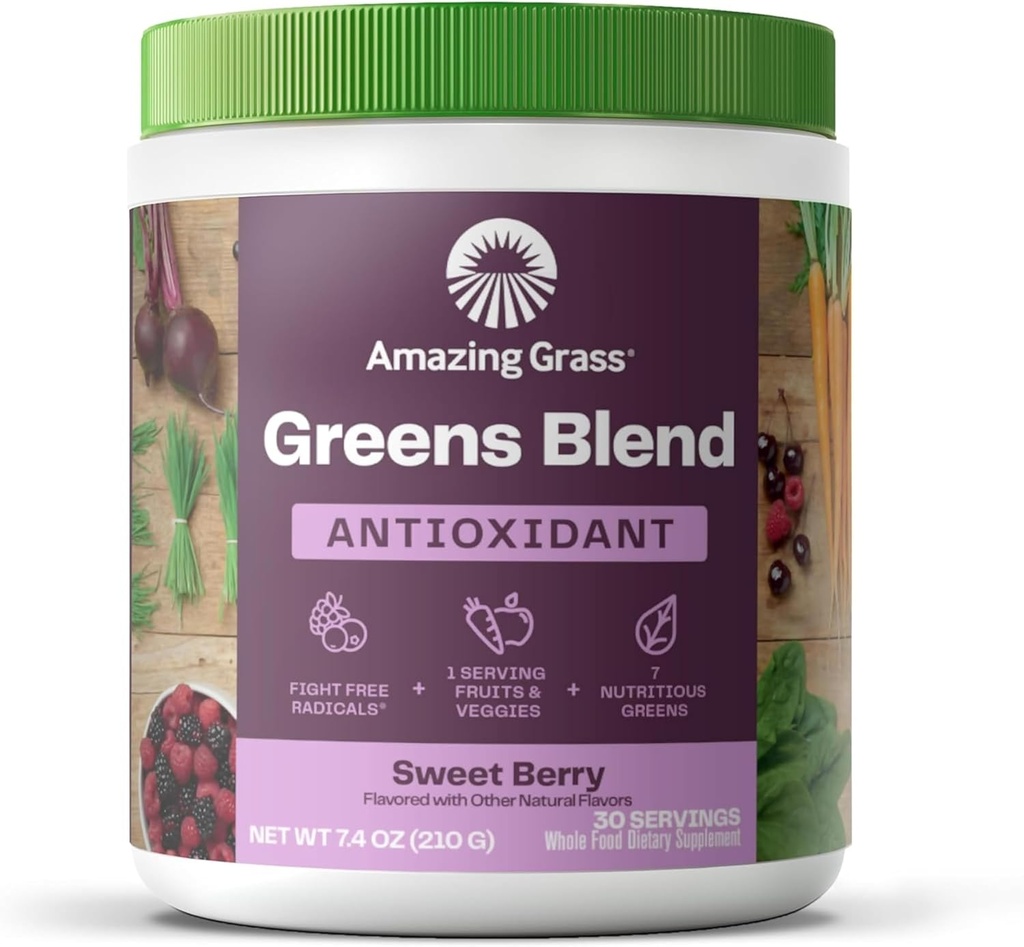 Amazing Grass Greens Blend Antioxydant: Super Greens Powder Smoothie Mix avec Spiruline biologique, poudre de racine de betterave, Elderberry, Bilberry, Prébiotics & Probiotiques, Sweet Berry, 30 portions (paquetage May Vary)