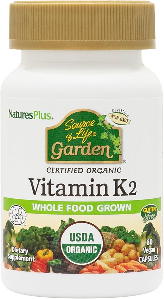 NaturesPlus Source de vie Jardin Vitamine K2-60 Capsules végétaliennes, lot de 2 - Bone Support - certifié biologique, non-OGM, sans gluten - 120 portions totales