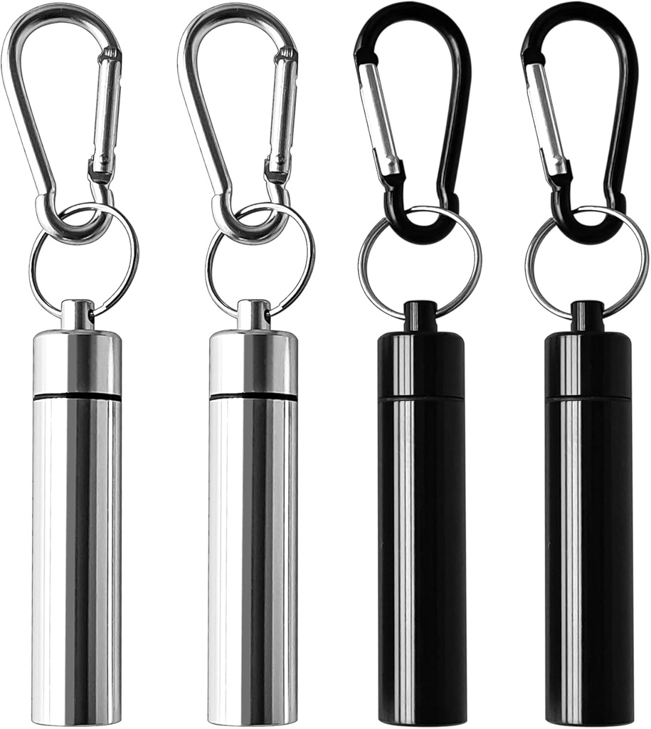 4 Pack Portable Pill Box Container Case Aluminum Alloy Keychain Pill Holder Waterproof Metal Earplugs Toothpick Box for Outdoor Camping Travel (2Pcs Black + 2Pcs Silver)