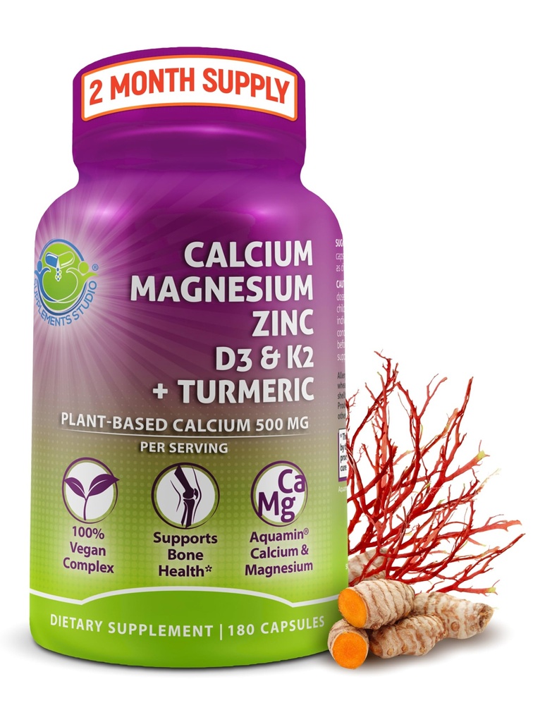Plant-Based Calcium 500mg (Aquamin) – Vegan Calcium Magnesium Zinc D3 with Vitamin K2 & Organic Turmeric – Enhanced Bone and Muscle Health & Strength, Immune Support for Women & Men - 180 Count