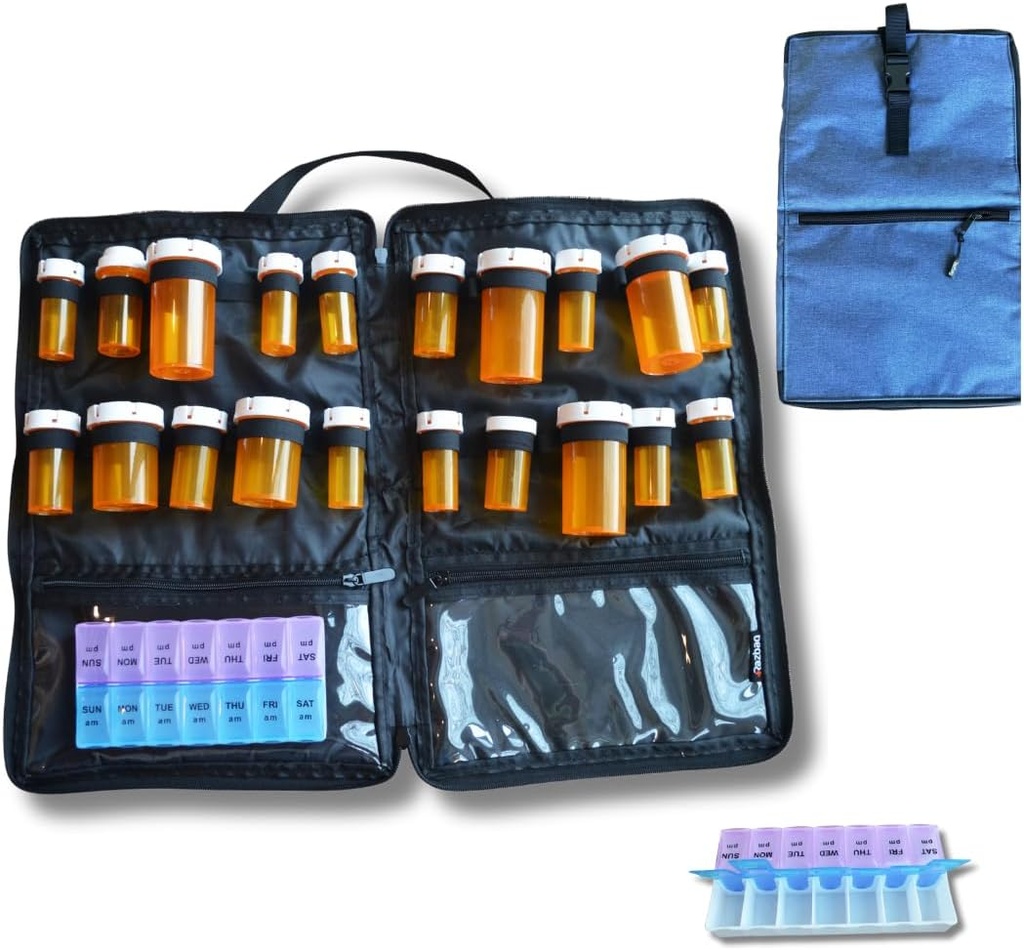 Sac de médecine de voyage – Sac de voyage et organisateur de médecine – Sac sécurisé pour la médecine Voyage avec fermetures à glissières verrouillables – Sac de stockage de médicaments spacieux pour ordonnances, pilules et fournitures médicales, bleu