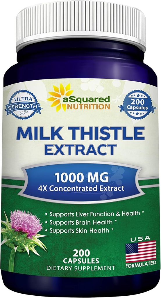 aSquared Nutrition Lait Thistle Supplément 1000mg-200 Capsules,Max Strength 4X Extrait concentré 4:1 Lait Thistle en poudre Pilules, 1000 mg Silymarin Extrait pour le soutien du foie, nettoyage, désintoxication