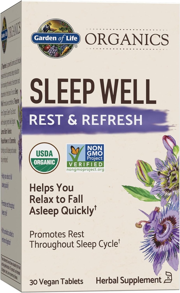 Garden of Life Organics Sleep Well Rest & Refresh 30 Tablets, Lemon Balm, Green Tea Extract L-Theanine, Valerian Root, Chamomile, Probiotics-Organic Non-GMO Vegan Gluten Free Herbal Supplement