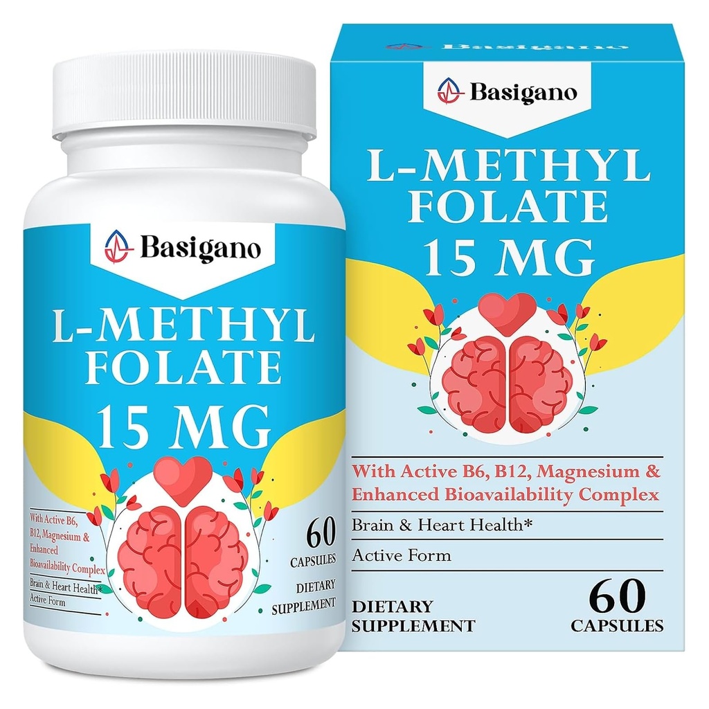 15mg L de méthylfolate (5-MTHF)- Acid folique actif enrichi en vitamines B6 et B12-60 Capsules végétariennes - Non-OGM, sans gluten