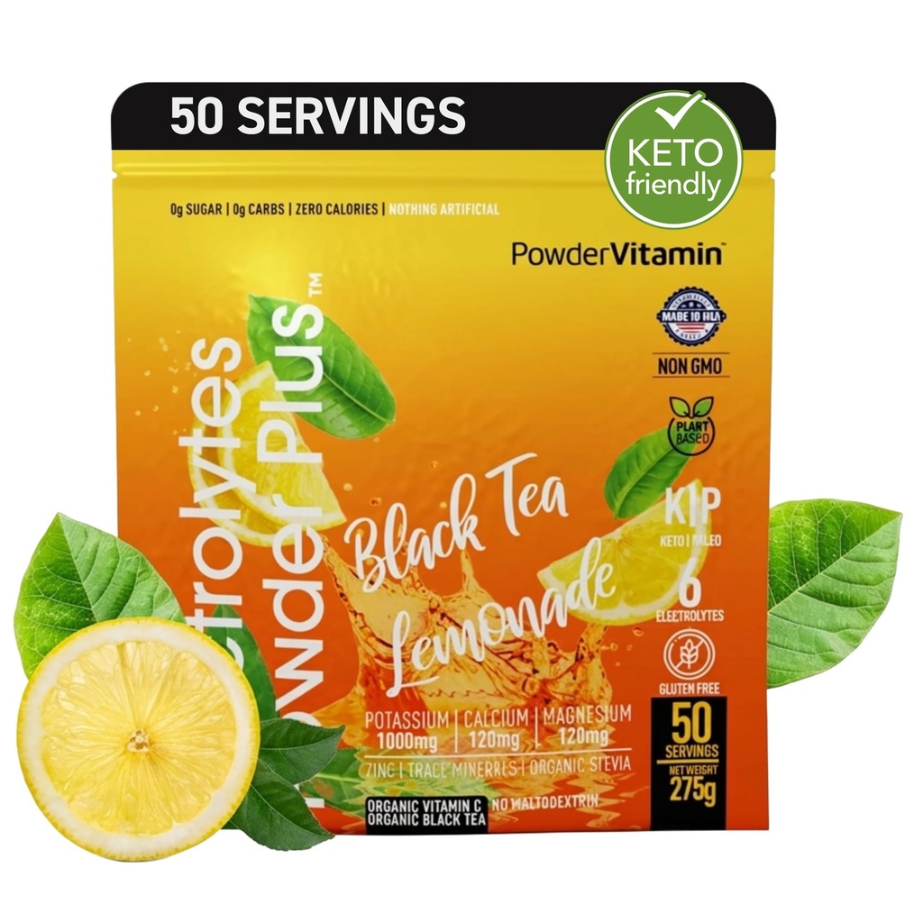 Poudre d'électrolytes Plus (50 portions) Thé noir Cimonade Poudre d'électrolyte Zéro Calorie Keto,0 Sucre, Pas de maltodextrine,1000mg Potassium,120mg Calcium,120mg Magnésium, Poudre d'hydratation