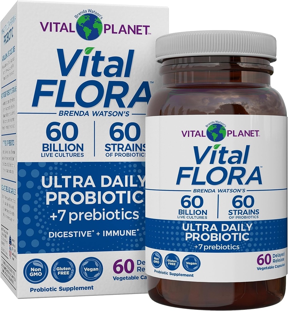 Vital Planet - Vital Flora Ultra Daily Probiotic 60 Million CFU, Diverses souches, Prébiotiques organiques, Immune Support, Bloating Relief, Probiotiques de santé digestif pour les femmes et les hommes 60 Capsules