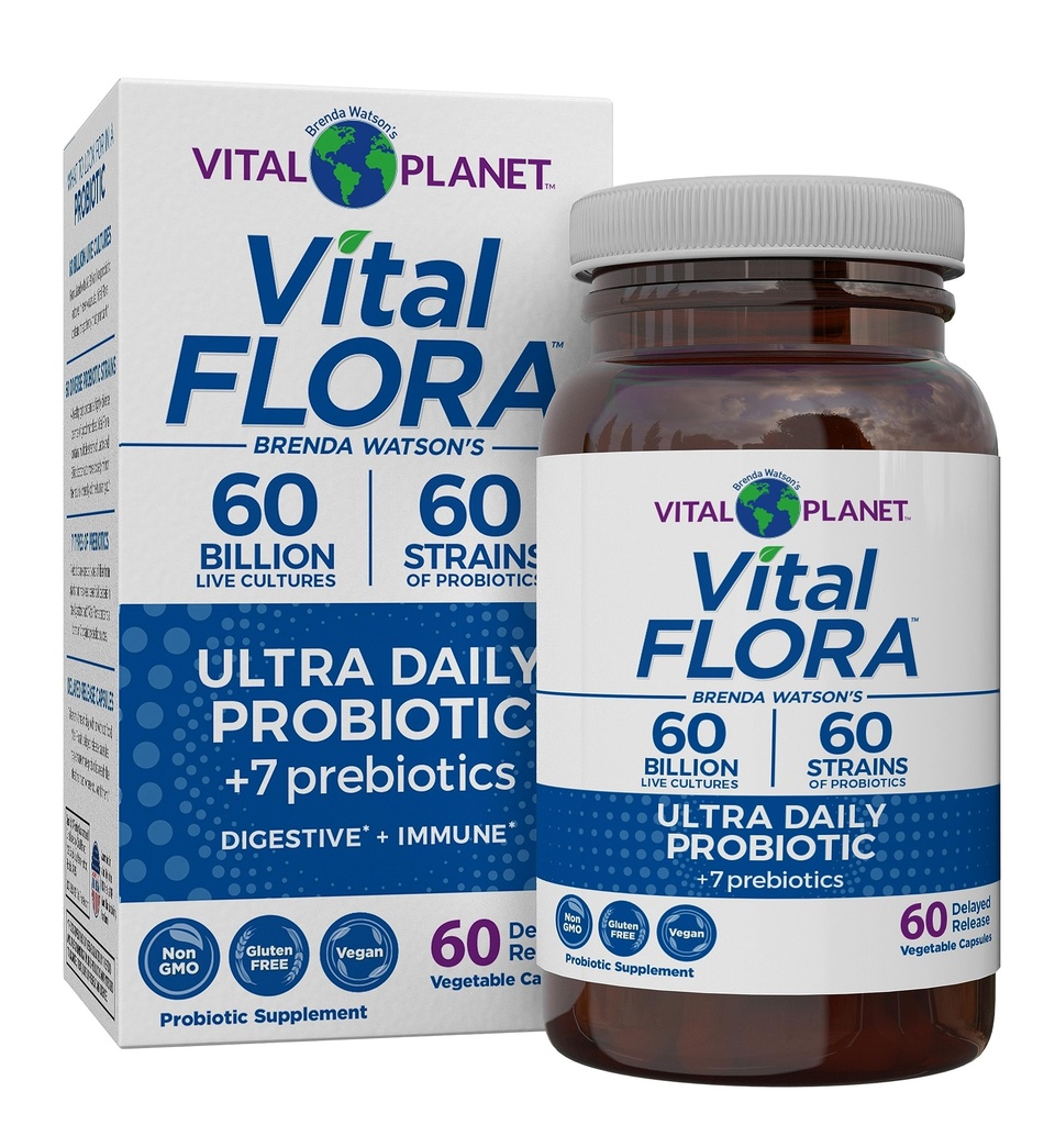 Vital Planet - Vital Flora Ultra Daily Probiotic 60 Million CFU, Diverses souches, Prébiotiques organiques, Immune Support, Bloating Relief, Probiotiques de santé digestif pour les femmes et les hommes 60 Capsules