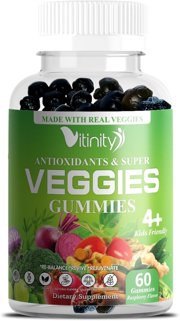VITINITÉ faite avec de vrais super légumes Delicious Gummy Supplement, Hommes,Femmes & Enfants(60 Chews),30 Veggies,Herbes,Fruits et Vitamines végétales,Non-OGM,Basé sur la Pectine,Sans gluten,Pas plus de pilules (30 jours d'approvisionnement)
