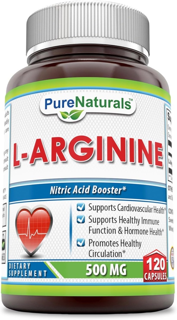 Pure Naturals L-Arginine 500 Mg Capsules, soutient la santé cardiovasculaire, soutient la santé immunitaire et la santé hormonale, favorise la circulation saine (120)