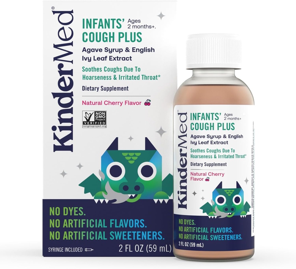 KinderMed Infant's Daytime Cough Plus, Sirop d'agave biologique et extrait de feuille d'ivy anglais, pas de colorants, pas d'arômes artificiels ou d'édulcorants, non OGM, pour bébés 2 mois+, saveur de cerise naturelle (2 Fl Oz)