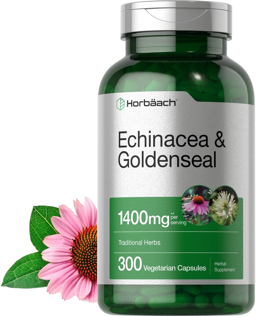 Horbäach Echinacea Capsules de seaux d'or, 1400mg, 300 Count, Végétarien, Non-OGM, Supplément d'extrait sans gluten