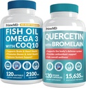 4-en-1 Huile de poisson Oméga 3 Suppléments (2100mg) - Oméga 3 Huile de poisson avec Vitamines D3 & K2 et CoQ10 & 28-en-1 Quercetin avec Supplément Bromelain pour le soutien quotidien de la défense immunitaire (120ct)