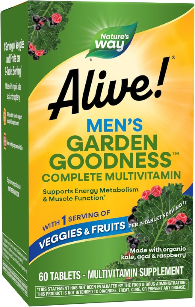 La nature est vivante ! Multivitamines masculines, une portion de légumes et de fruits**, Vitamines B-haute puissance, 60 comprimés