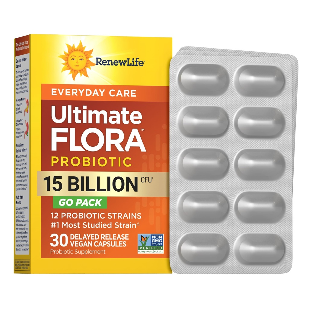 Renouveler la vie tous les jours Go-Pack Capsules Probiotiques, Supplément quotidien soutient la santé urinaire, digestif et immunitaire, L. Rhamnosus GG, laiterie, soja et sans gluten, 15 Million CFU, 30 Compte