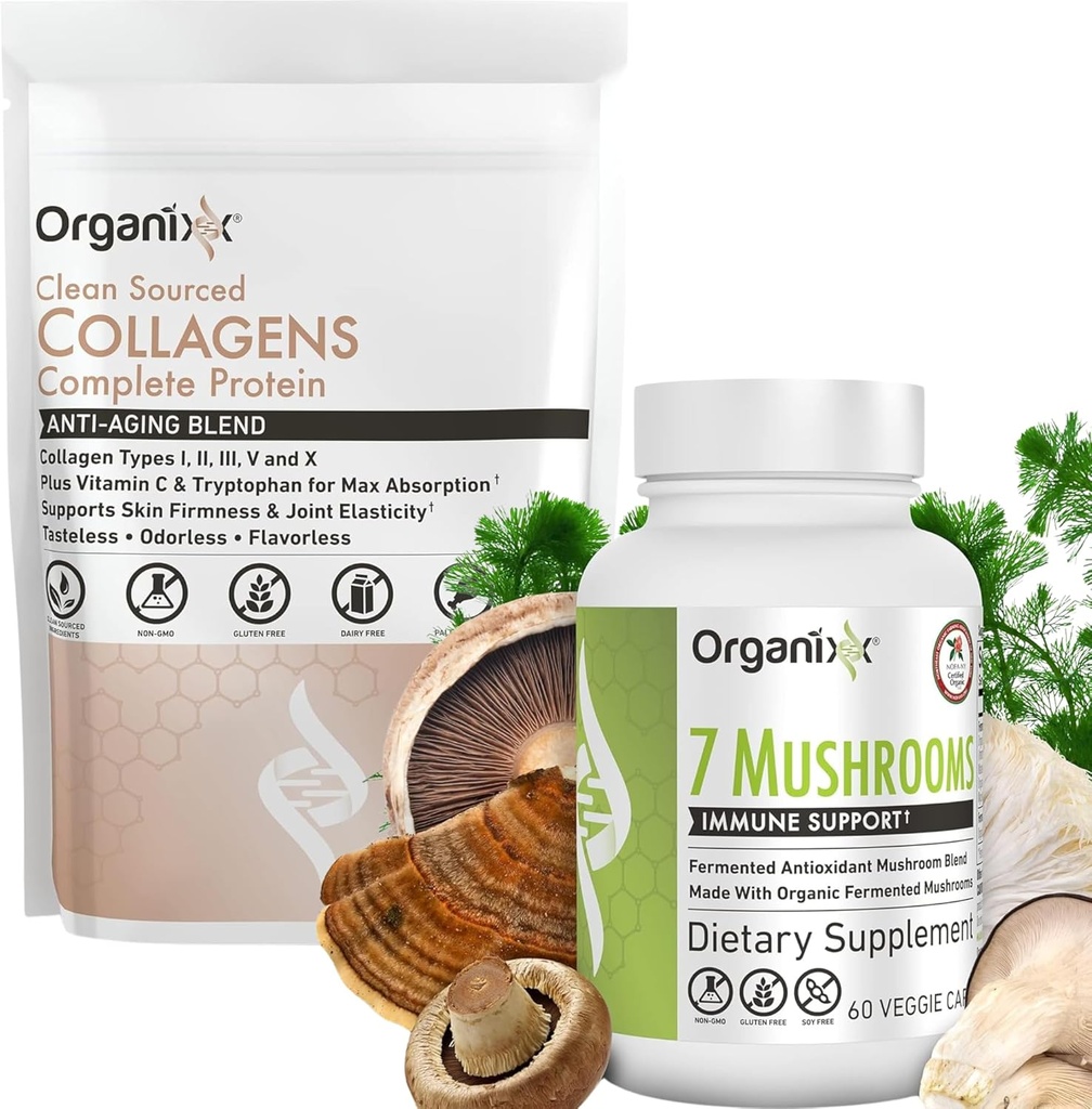 Organixx Poudre de collagène propre, non aromatisée, 20 portions et supplément de champignons biologiques (60 capsules végétariennes)