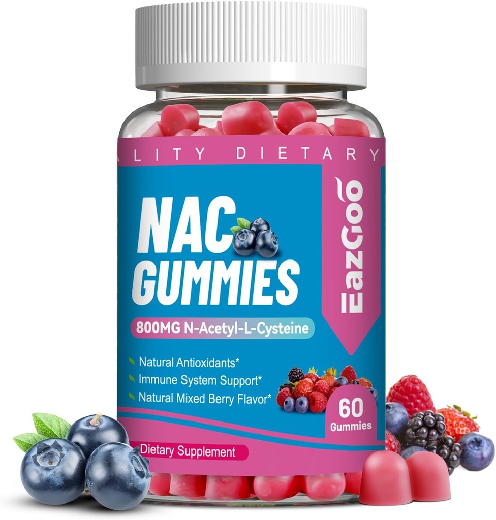 NAC Gummies 800mg, supplément N-acétyl Cysteine, supplément NAC pour système immunitaire et antioxydant, non-OGM, sans gluten, végétalien - 60 chiffres