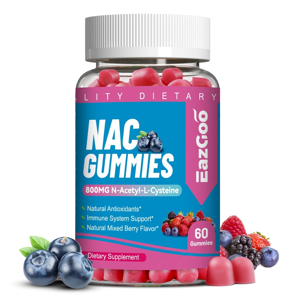 NAC Gummies 800mg, supplément N-acétyl Cysteine, supplément NAC pour système immunitaire et antioxydant, non-OGM, sans gluten, végétalien - 60 chiffres