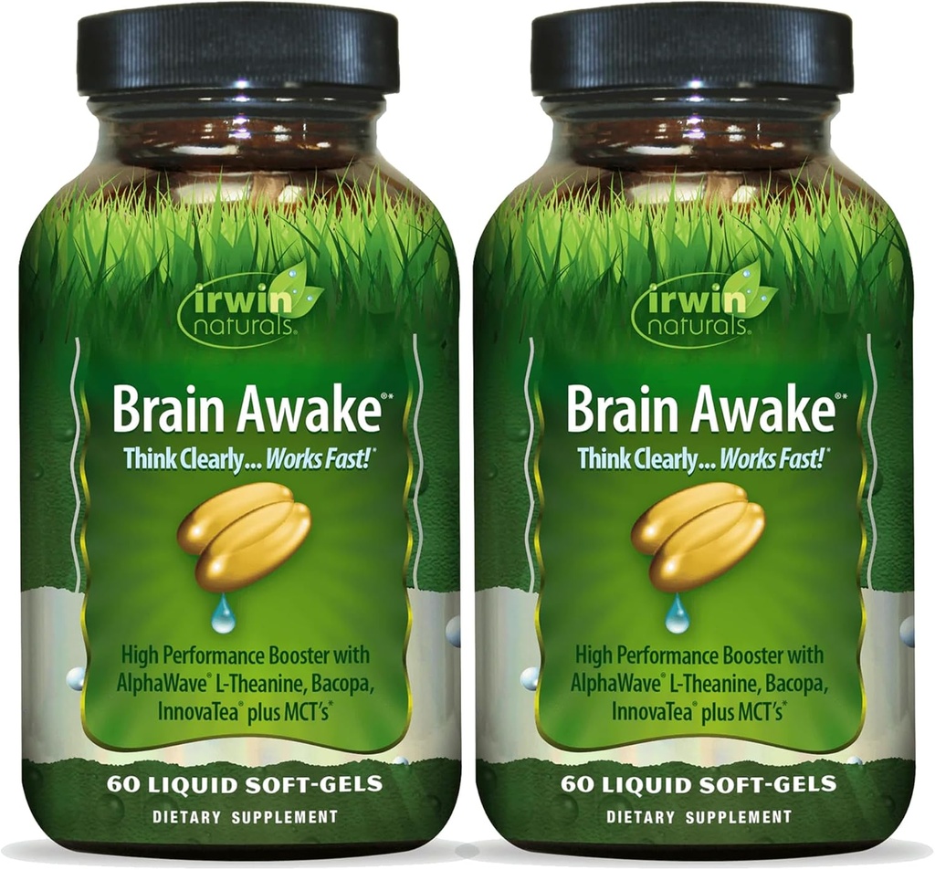 Irwin Naturals Cerveau Réveillez - 60 Softgels liquides, pack de 2 - Performance mentale accrue, concentration accrue, clarté et concentration - Booster nootropique avec L-Theanine, Bacopa, MCT
