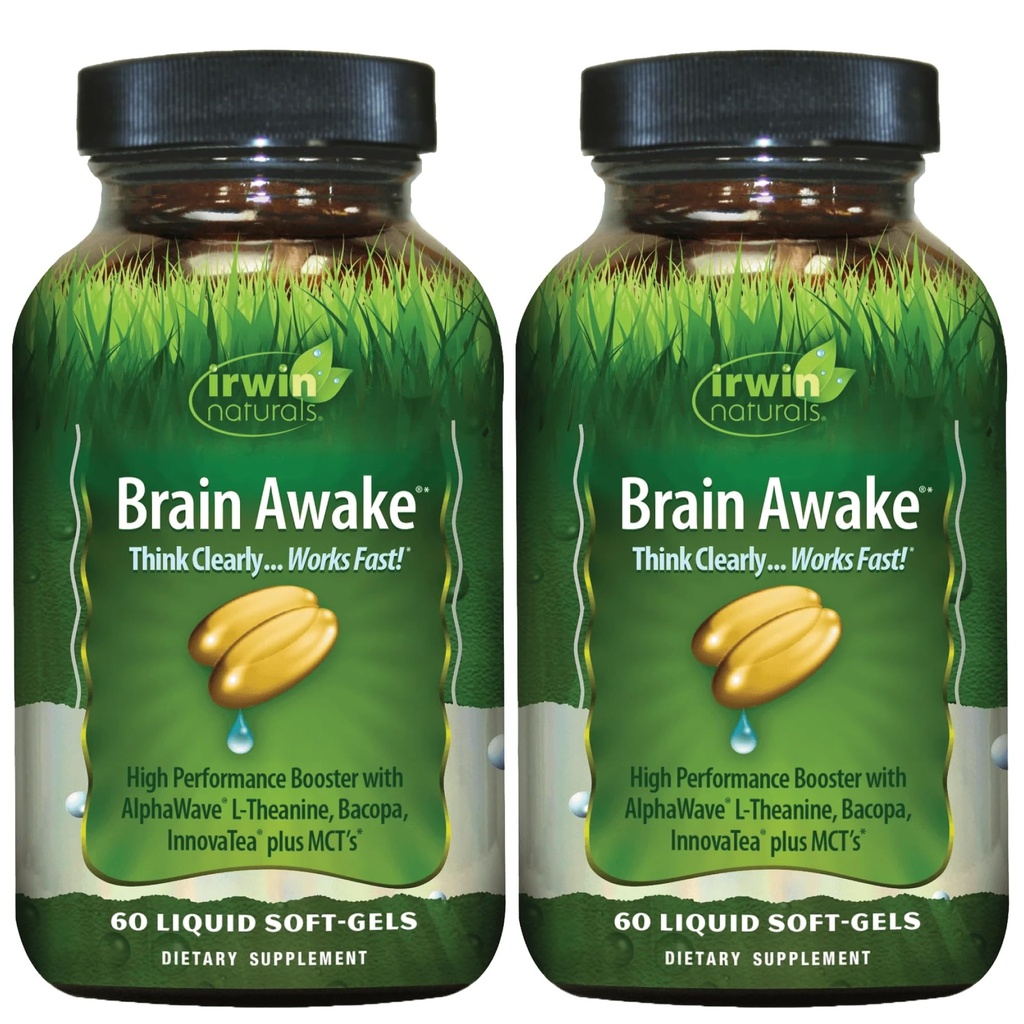Irwin Naturals Cerveau Réveillez - 60 Softgels liquides, pack de 2 - Performance mentale accrue, concentration accrue, clarté et concentration - Booster nootropique avec L-Theanine, Bacopa, MCT