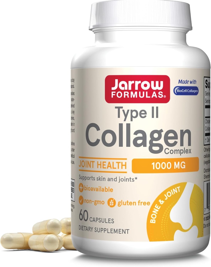 Jarrow Formules® Type II Collagène Complex 1000 mg Suppléments, soutient la santé de la peau et des articulations, 60 capsules, 30 jours d'approvisionnement