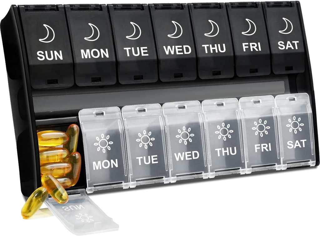 XL Large Pill Organizer 2 Times a Day, Weekly Am Pm Pill Box with Hinged Lids, 7 Day Medicine Vitamin Pill Case, Daily Pill Container, Big Medication Organizer for Supplement