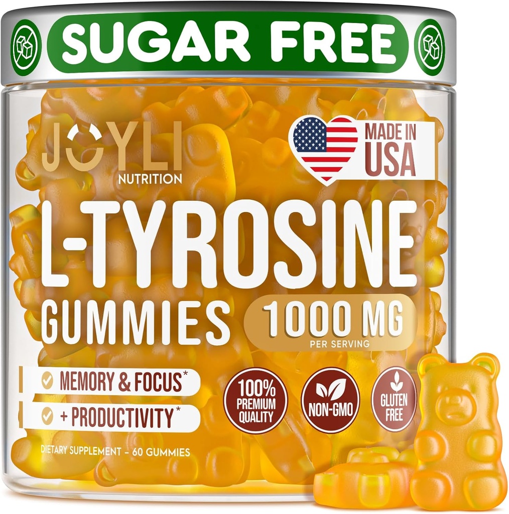 Joyli L Gommies Tyrosine 1000MG - Supplément L-Tyrosine pour les enfants et les adultes - Gummies Calm & Focus pour le cerveau, la mémoire, l'humeur et l'énergie - 500mg L- Poudre Tyrosine par Gummy - Vegan, sans gluten