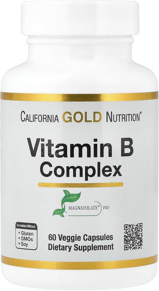 California Gold Nutrition Vitamine B Complex, Thiamine B1, Riboflavine B2, Niacine B3, Pyridoxine B6, Biotine B7, Acide pantothénique B5 et Pro Folate B9, Sans gluten, Sans OGM, 60 Capsules de Véggie