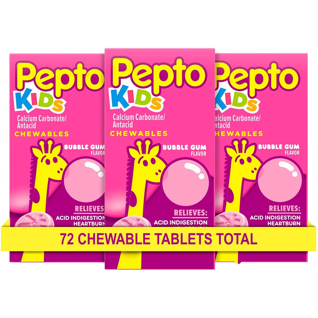 Comprimés à croquer Pepto Kid pour les brûlures d'estomac, l'indigestion acide, l'estomac aigre et l'estomac relevé, Bubblegum Flavor, 72 Total (3 paquets de 24)