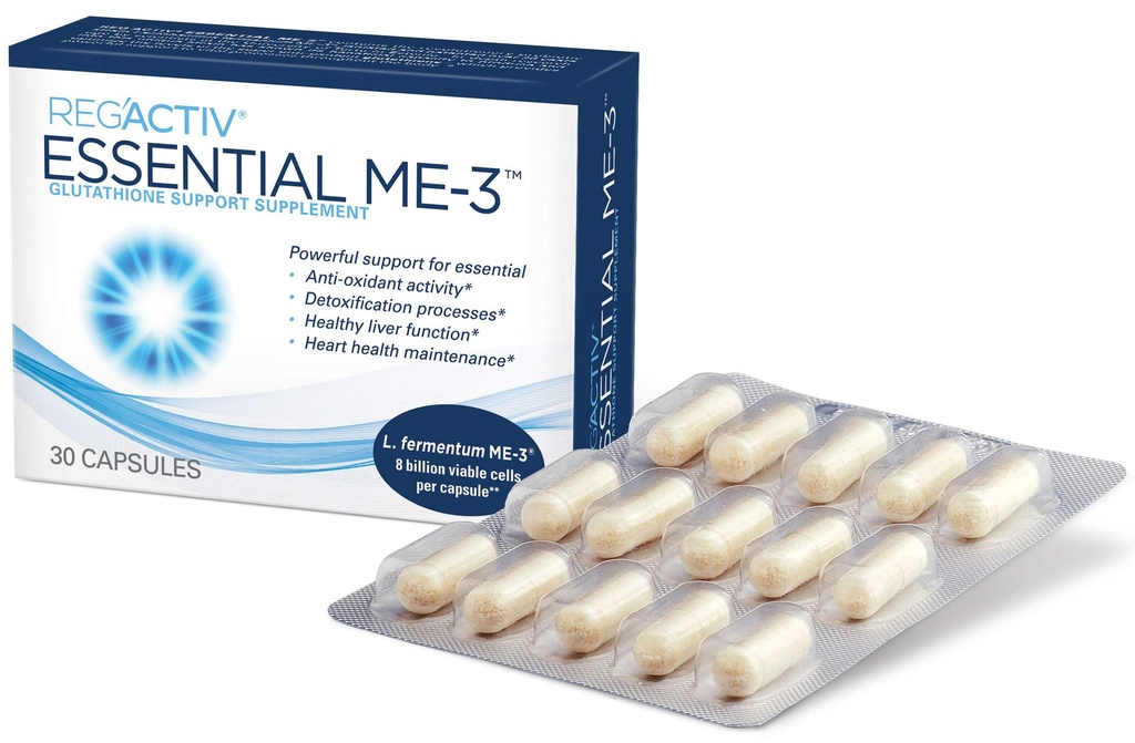 Reg'Activ Essential ME-3, 30 Capsules. Un probiotique produisant du glutathion qui livre le glutathion à l'Intestine pour une supplémentation efficace de Guthatione