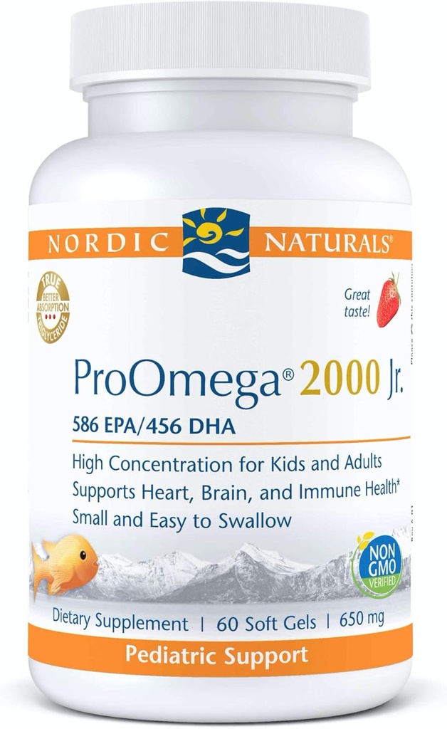 Nordic Naturals ProOmega 2000 Jr., Fraise Flavor - 60 gels mous - 1120 mg Oméga-3 - Huile de poisson ultra-potent - EPA et DHA - Promotion de la santé cérébrale, cardiaque et immunitaire - Non-OGM - 30 portions
