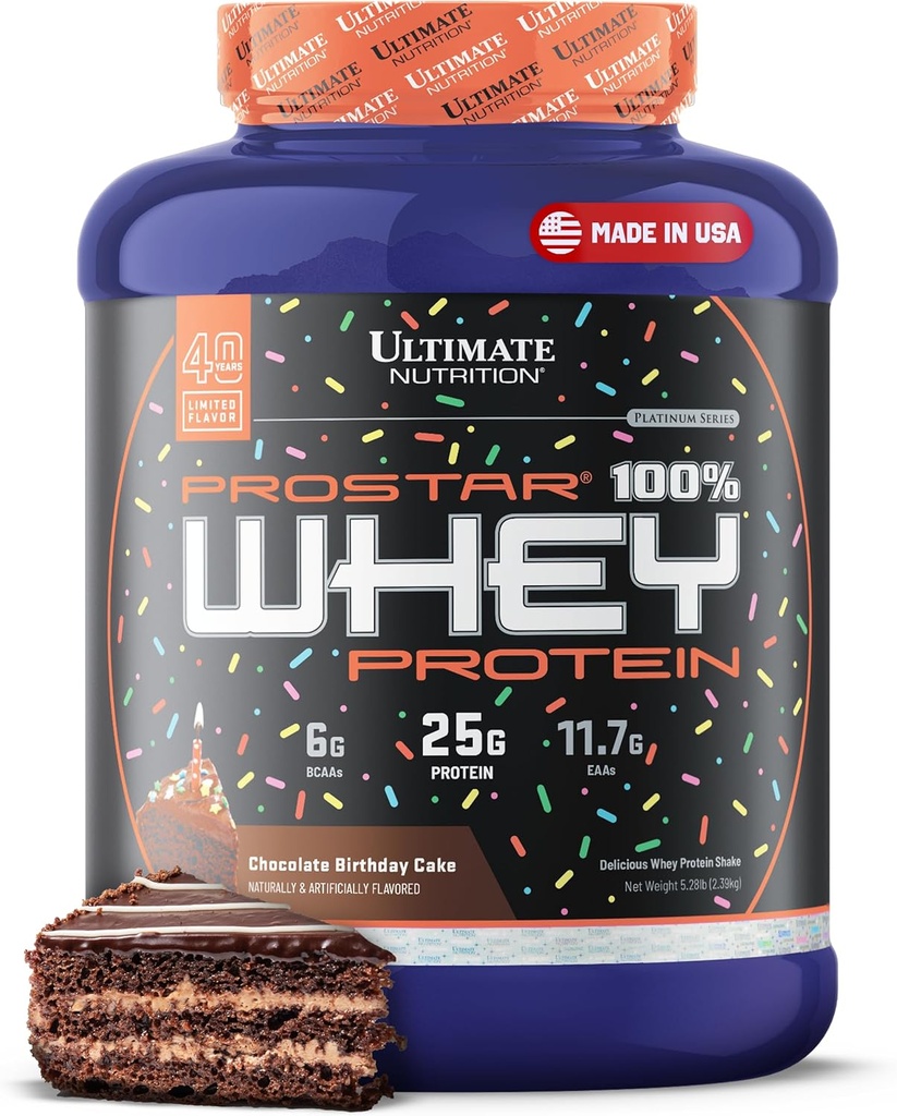 Ultimate Nutrition Prostar Whey Protein Powder Isolate, Chocolate Birthday Cake - faible teneur en glucides, haute teneur en poudre pour le gain musculaire et la récupération - faible teneur en sodium, faible teneur en gras et kéto - 5,28 lbs Tub
