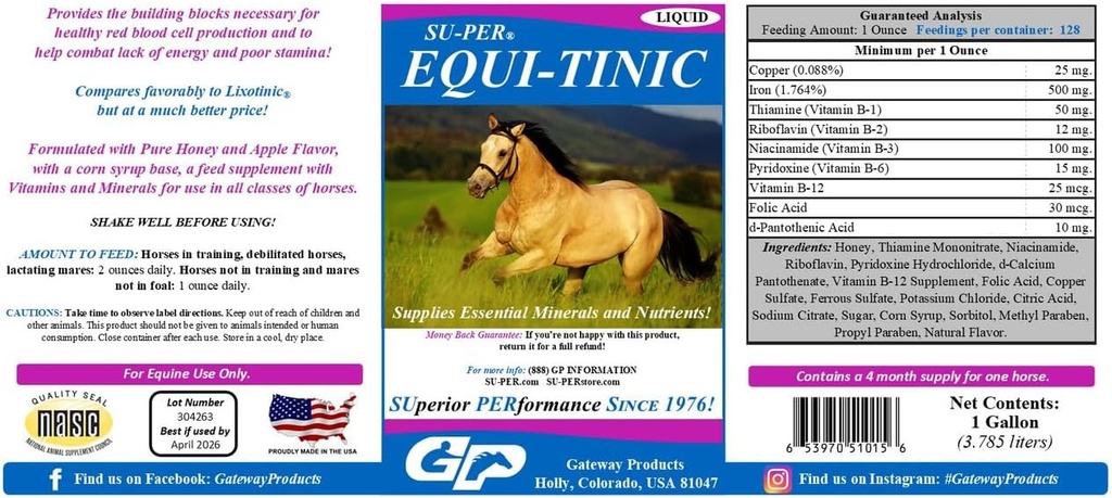 SUPER Supplément sur les minéraux du cheval équi-tinique - Minéraux et nutriments essentiels pour des cellules et de l'énergie saines du sang - 1 Gallon
