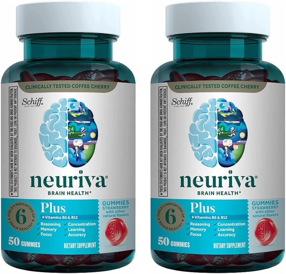 NEURIVA Plus Brain Supplement for Memory, Focus & Concentration + Cognitive Function with Nootropics Phosphatidylserine and Neurofactor, VIT B6 & B12, Strawberry Flavor, 50 Gummies (2 Pack)