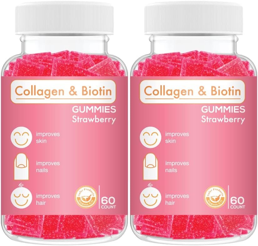 Collagen Biotin Gommies - Soutient la croissance des cheveux, de la peau et des ongles Soins anti-vieillissement Vitamines gommy à mâcher, végétalien, non-OGM, sans gluten, gélatine Fraise Flavor 120 Comte, rose