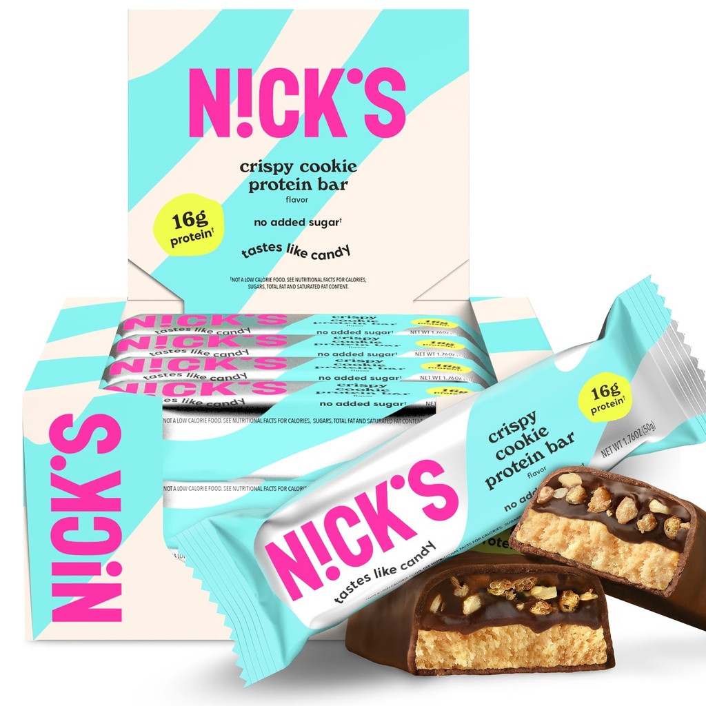 Barres protéinées de Nick Chocolat de biscuits croustillants, haute protéine, faibles calories, faible teneur en glucides, collations amicales Keto Pas de sucre ajouté (Multipack 12 barres x 50g), saveur de biscuits croustillants