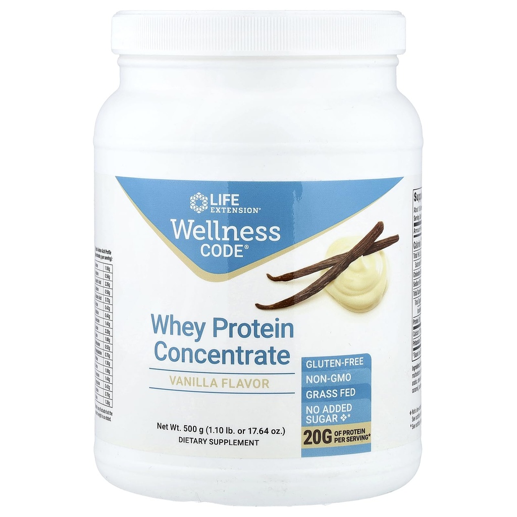 Life Extension Wellness Code Whey Protein Concentrate 20g Croissance musculaire et santé immunitaire - Source de l'herbe-Fed, Free-Range, Hormone-Free vaches, non-OGM, Pas de sucre ajouté, Vanille- 500g