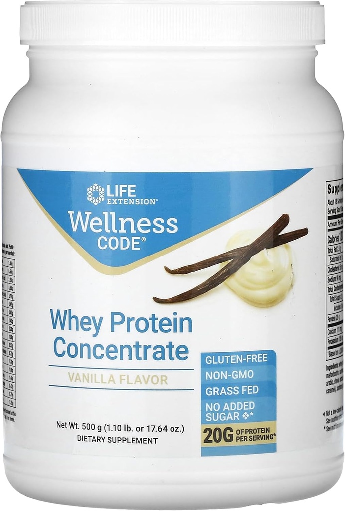Life Extension Wellness Code Whey Protein Concentrate 20g Croissance musculaire et santé immunitaire - Source de l'herbe-Fed, Free-Range, Hormone-Free vaches, non-OGM, Pas de sucre ajouté, Vanille- 500g