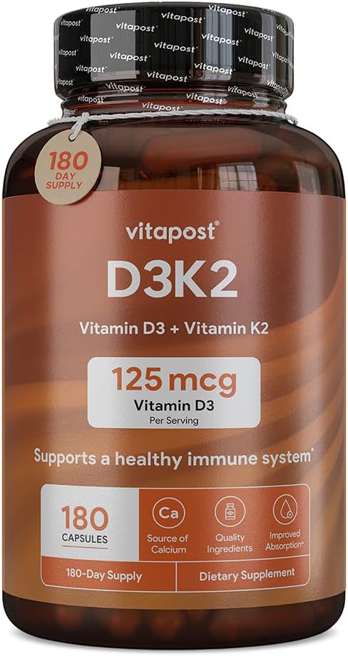 D3K2-D3 K2 combine la vitamine K et la vitamine D avec le calcium et la biopérine. Suppléments D3 et K2 Bons, coeurs et muscles sains 180 capsules