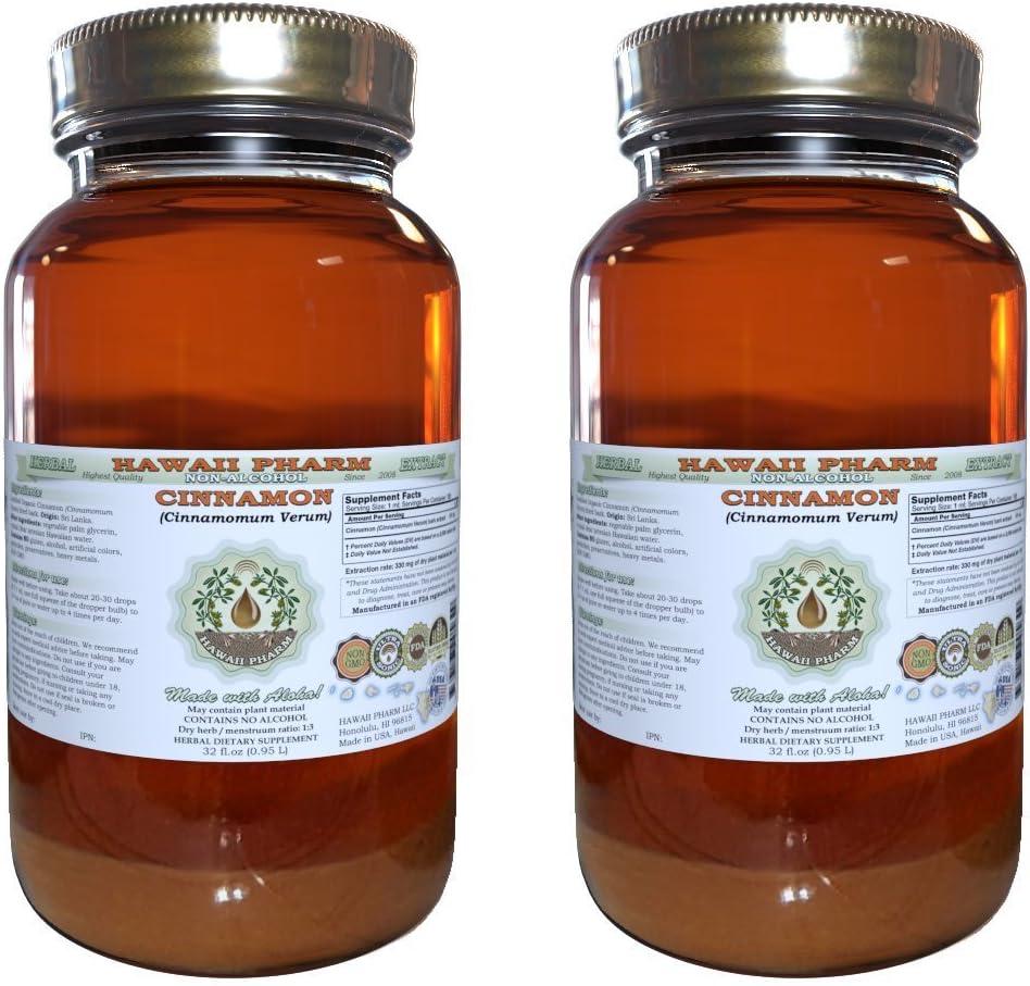 Cinnamon sans alcool extrait liquide, cannelle (Cinnamomum Verum) glycérite séchée glycérite Hawaii Pharm supplément naturel à base de plantes 2x32 oz non filtré