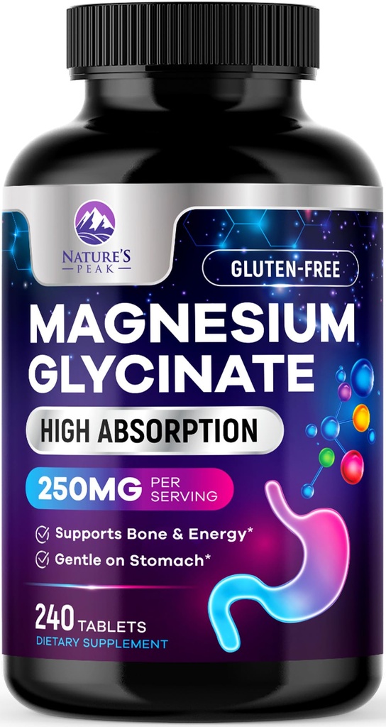 Magnésium Glycinat Chélaté pour Absorption Max - Soutiens os, muscles, nerfs et santé cardiaque, Soutien au sommeil et au stress de la nature, Meilleur supplément de magnésium pour le soutien du corps entier - 240 comprimés